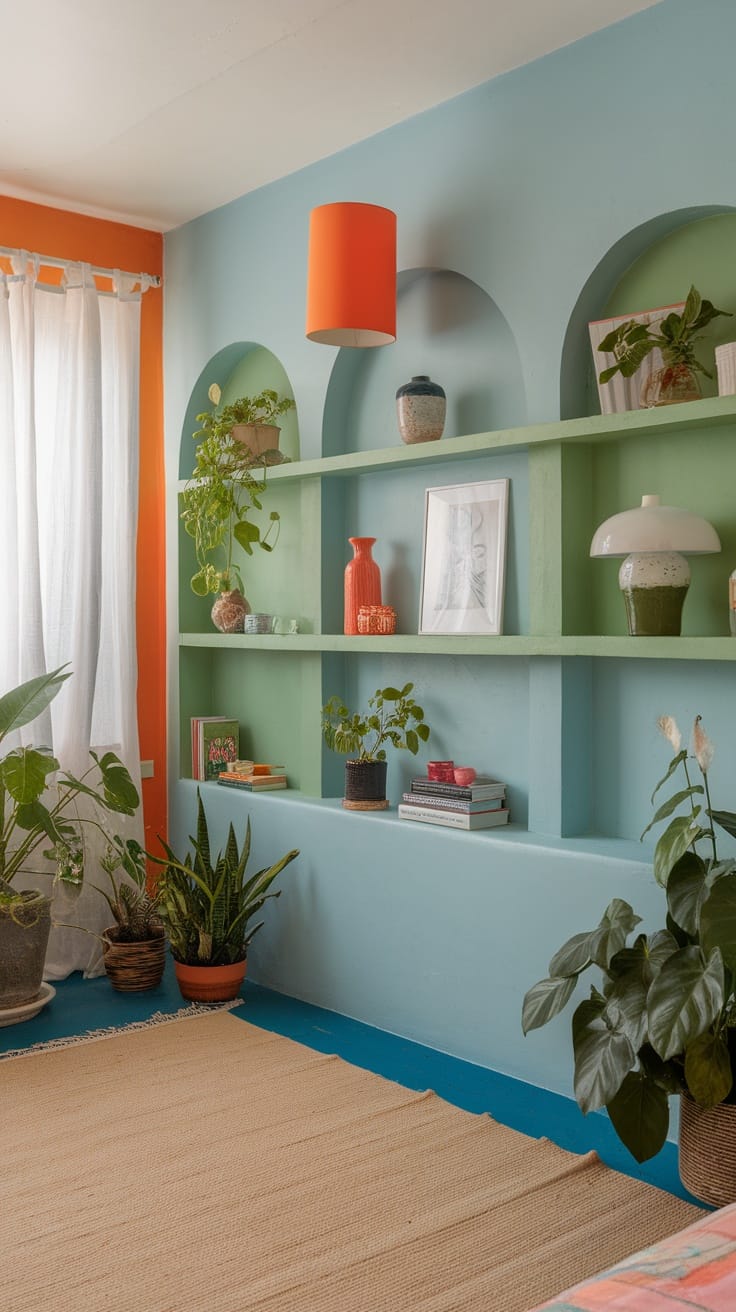 A stylish bedroom featuring blue walls, orange accents, and plants on shelves.