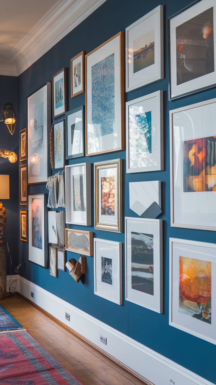A colorful gallery wall featuring various framed artworks and photos on a dark blue wall.