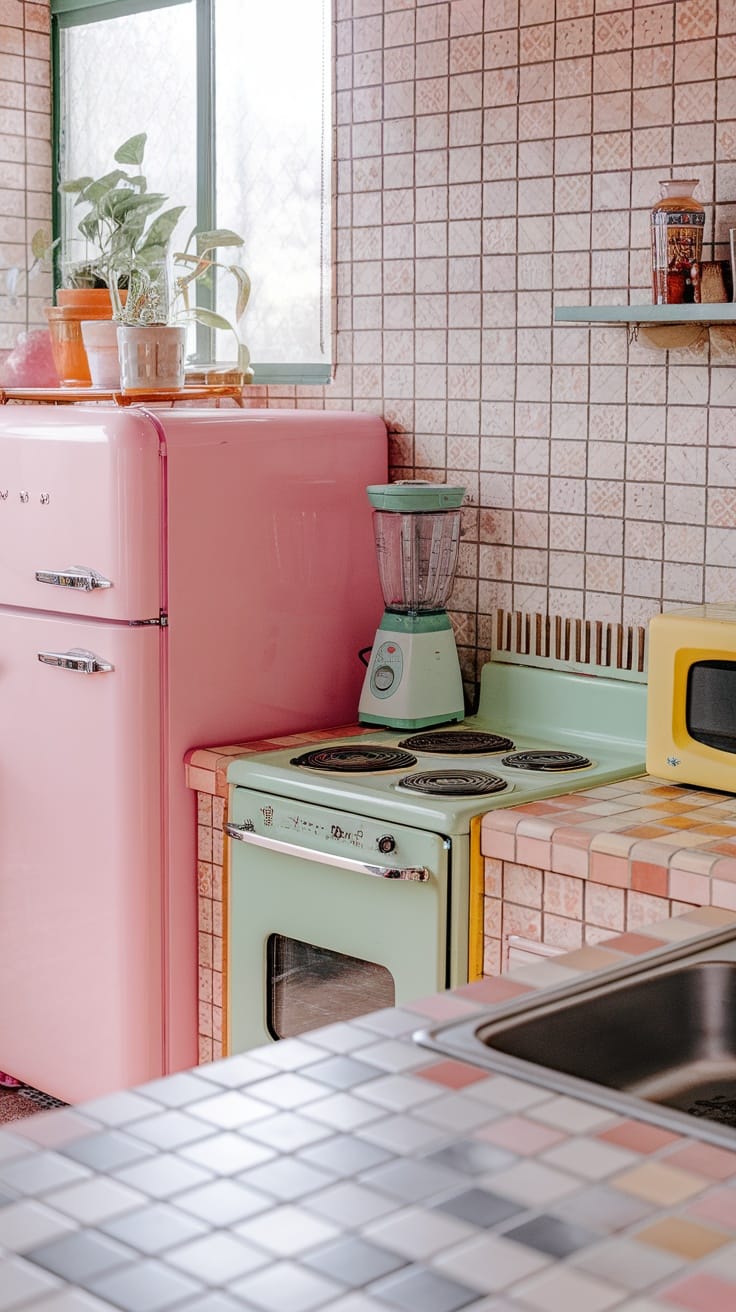 A colorful kitchen with a pink refrigerator, mint green stove, and a vintage blender, creating a playful and nostalgic atmosphere.