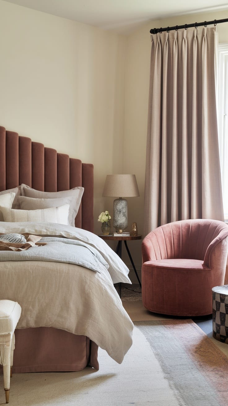 A cozy modern vintage bedroom featuring a rosy upholstered headboard, soft bedding, and a plush vintage chair.