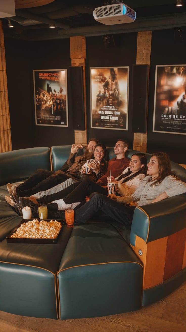 Group of friends enjoying a movie marathon on a giant circular sofa with popcorn and drinks.