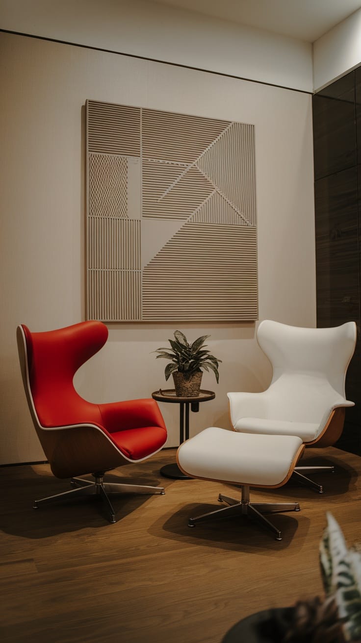 Two comfortable lounge chairs, one red and one white, in a modern living room setting with a side table and plant.