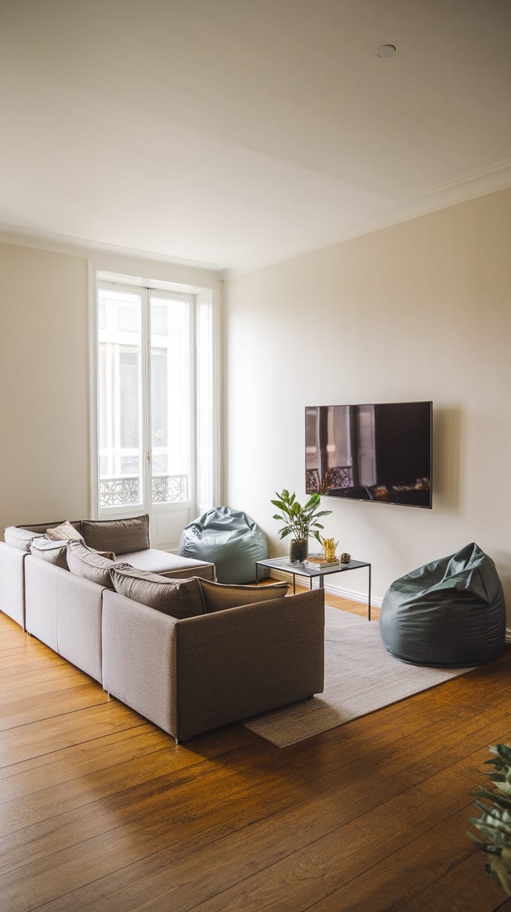 A modern living room featuring a spacious sectional sofa, bean bags, and a coffee table.