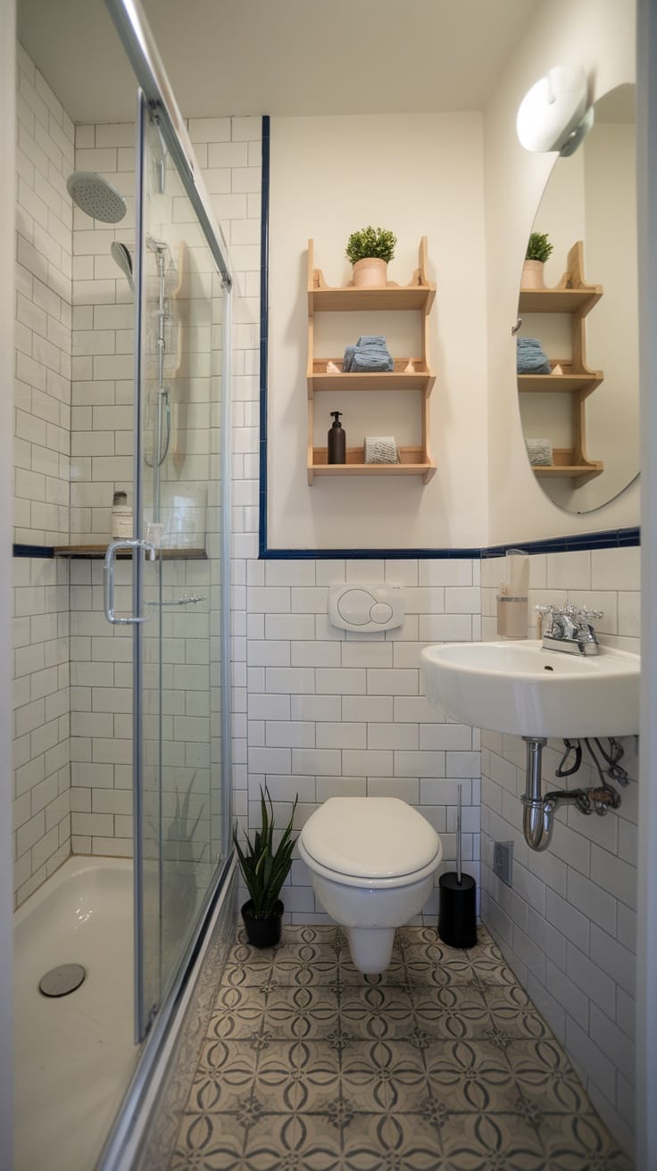 A compact modern bathroom featuring a shower, toilet, and sink with natural decor.