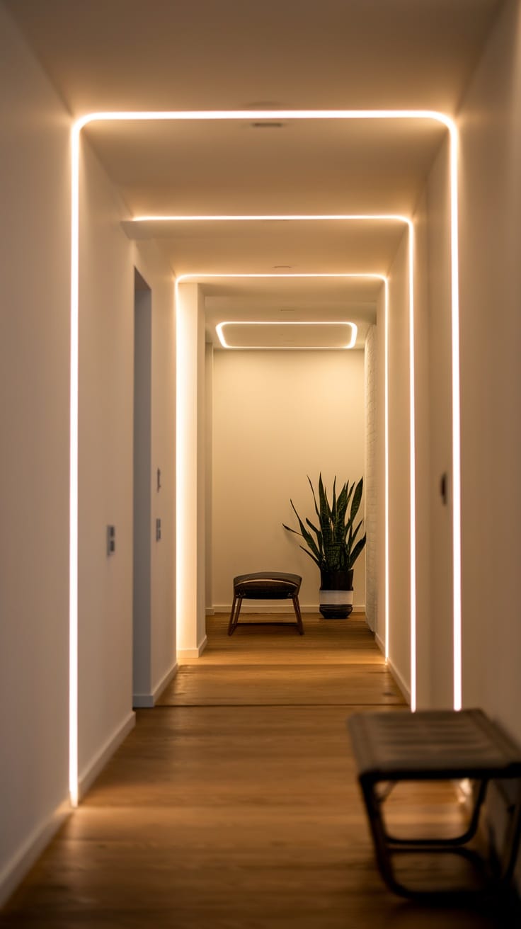 A contemporary hallway with smart lighting and wooden flooring