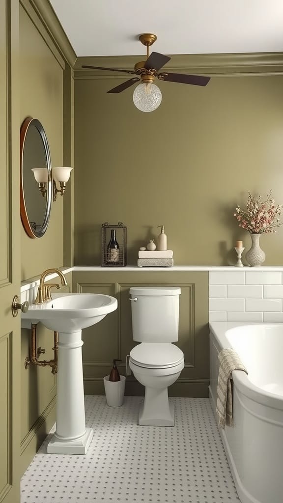A small bathroom showcasing olive green walls with contrasting white fixtures including a sink and toilet.