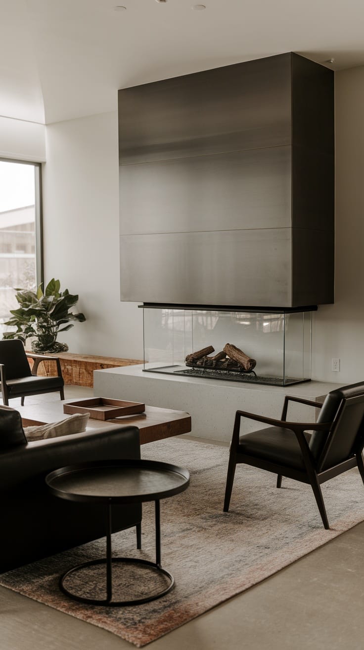 A modern living room featuring a sleek fireplace integrated into the design, surrounded by contemporary furniture.