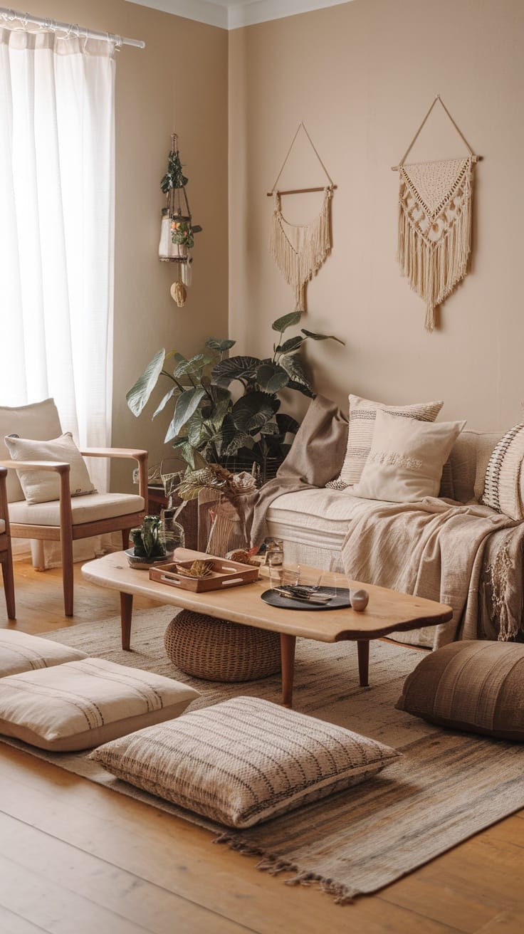 A cozy Japandi living room featuring layered textiles, cushions, and a warm color palette.