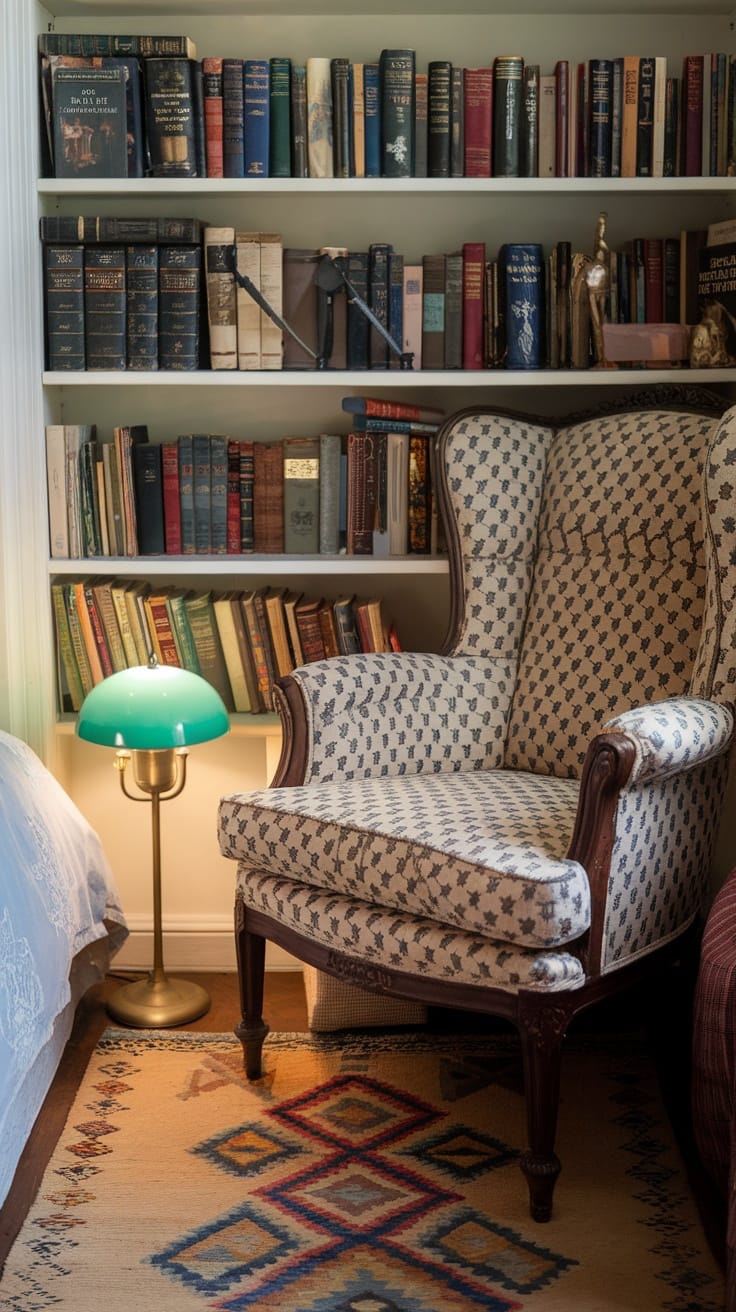 Cozy reading nook featuring an upholstered chair beside a bookshelf filled with vintage books and a stylish lamp.