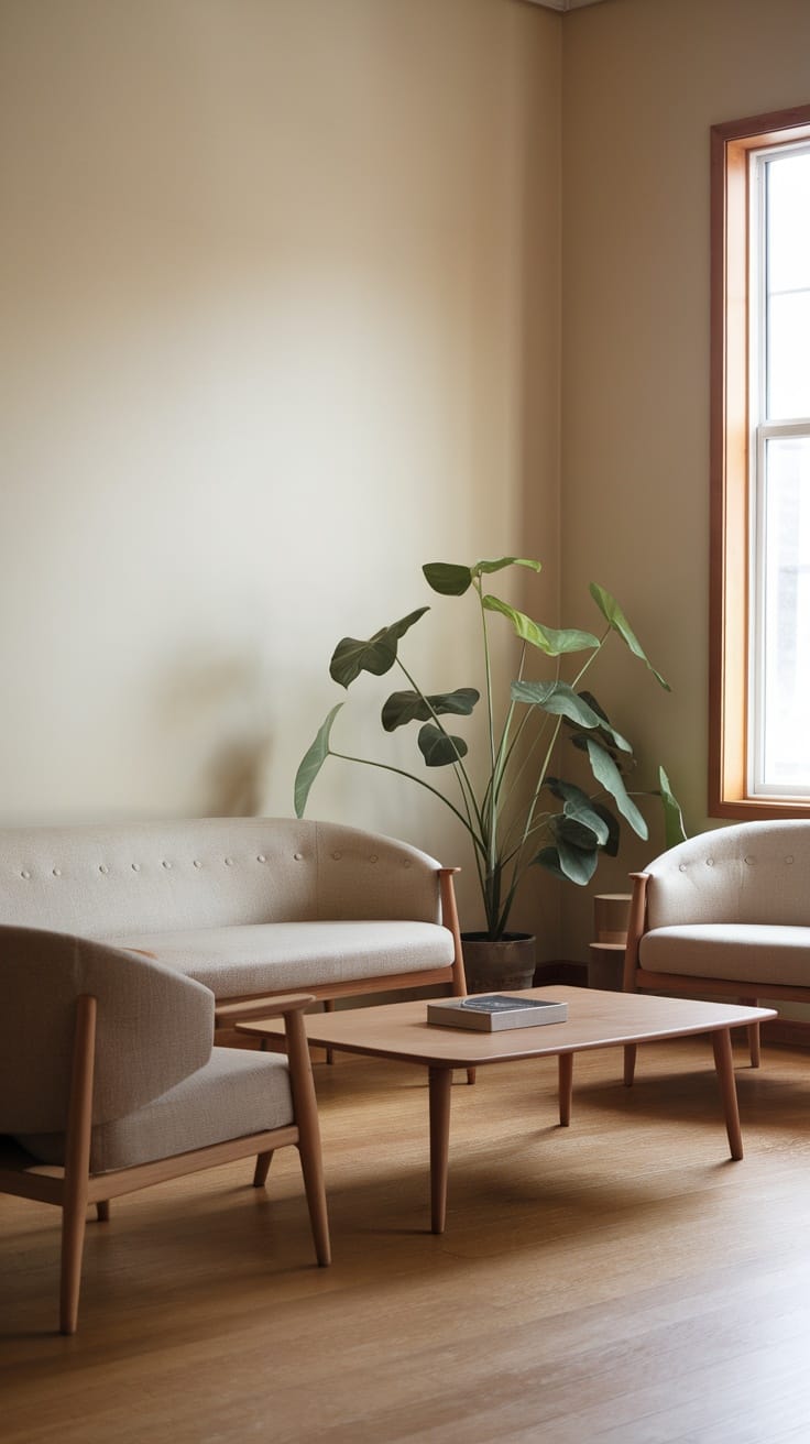 A serene Japandi living room with neutral-toned sofas, a wooden coffee table, and a potted plant.