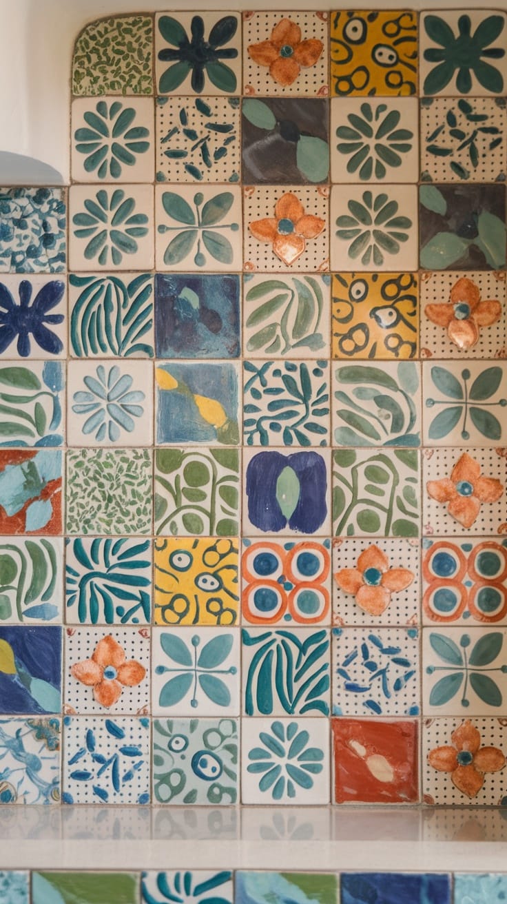 Colorful and patterned tiles forming a creative backsplash in a kitchen