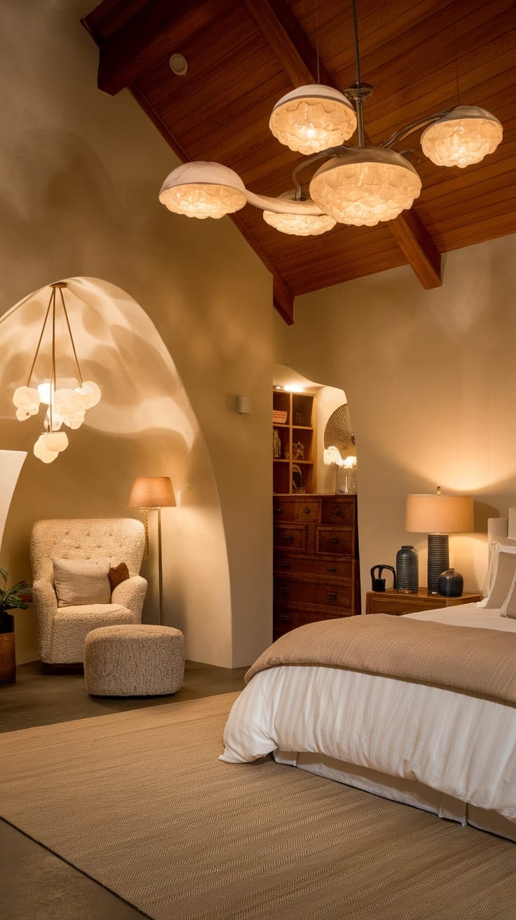 A stylish luxury bedroom featuring unique lighting fixtures, including an elegant chandelier and a floor lamp, creating a warm ambiance.