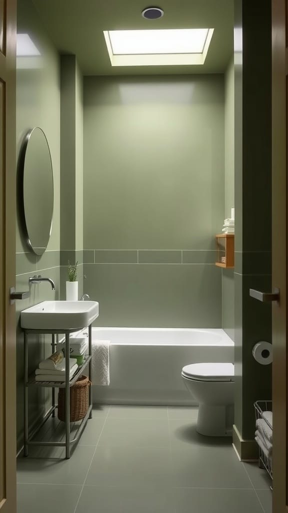 A small bathroom with olive green walls, a sleek sink, and creative storage solutions.