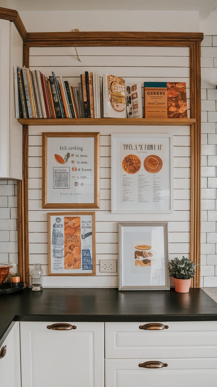A cozy kitchen with cookbooks and framed recipe art on display on wooden shelves.