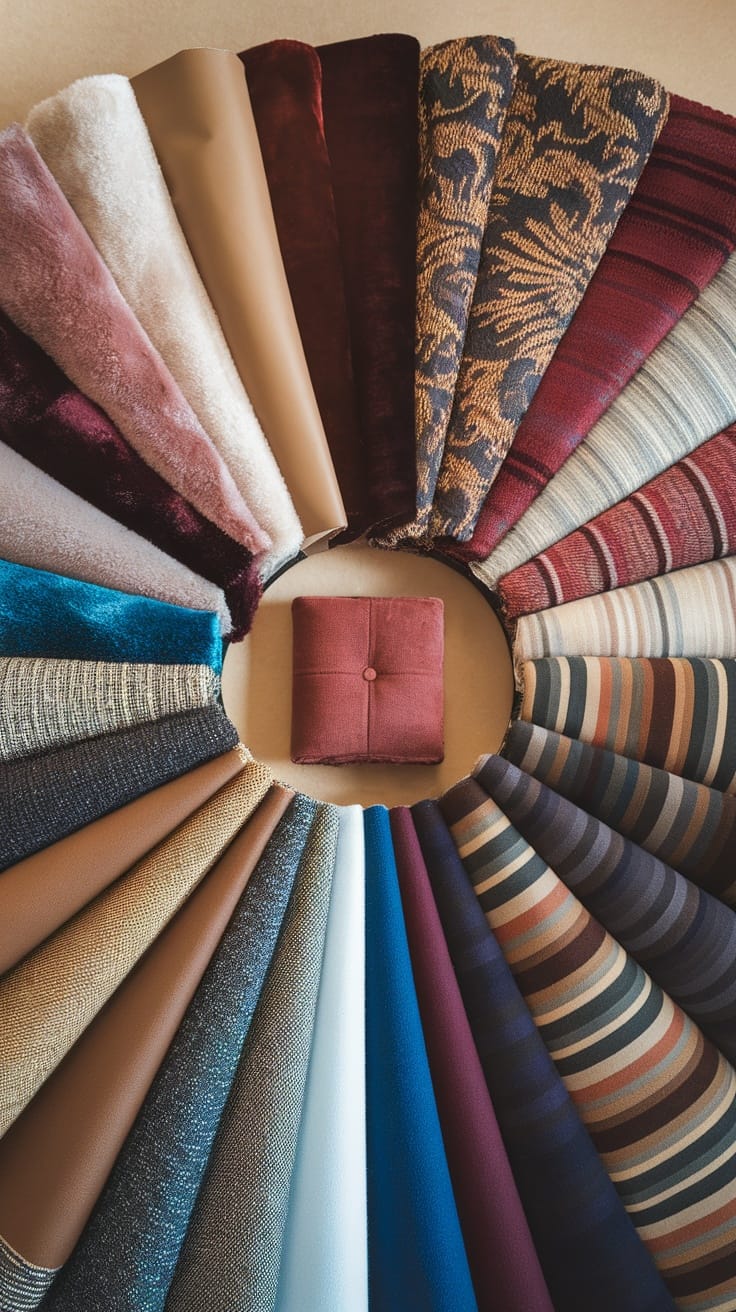 A colorful array of fabric swatches arranged in a circle, showcasing various textures and patterns.