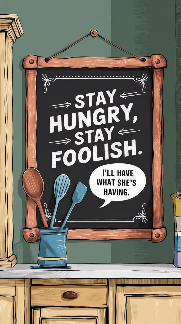 A chalkboard message board in a kitchen with playful quotes