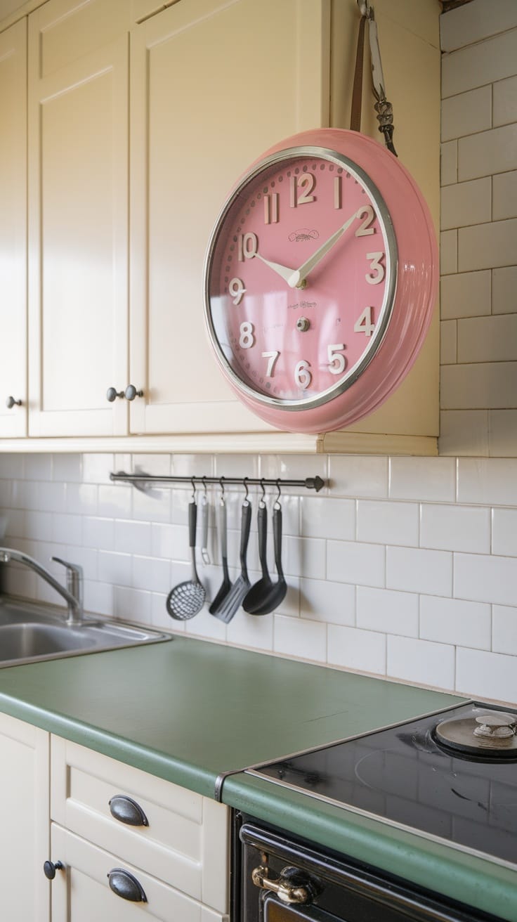 Decorative pink wall clock in a retro kitchen with green countertop.