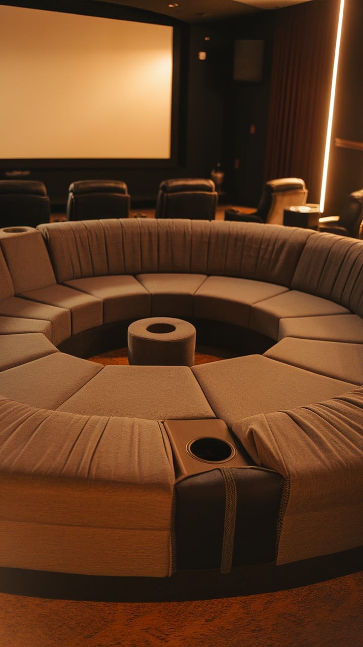A spacious giant circular movie sofa in a home theater setting, featuring soft cushions and built-in cup holders.