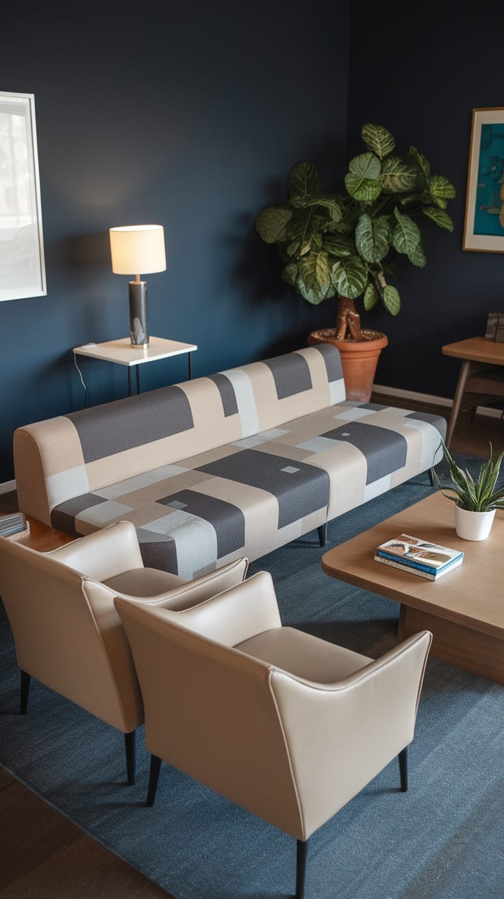 Modern living room with geometric patterned sofa, cream chairs, side table, lamp, and a plant.