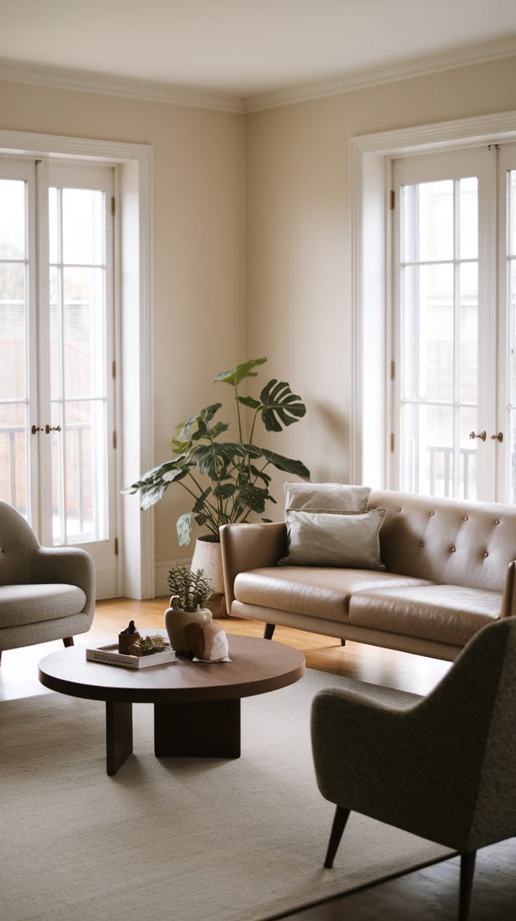 A Japandi-style living room featuring earthy tones with a leather sofa, textured armchair, round wooden coffee table, and indoor plants.