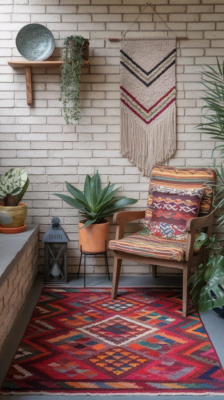 Eclectic bohemian entryway featuring a colorful rug, wooden chair, wall decor, and houseplants.