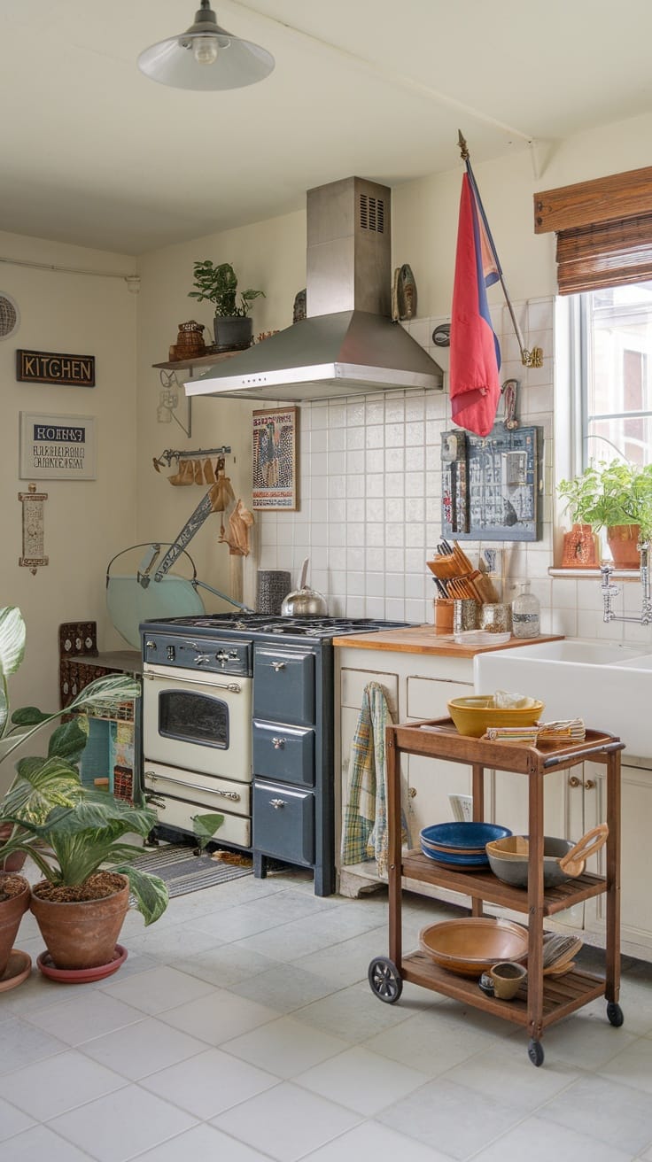 An eclectic kitchen with decorative accessories including colorful dishes, art on the walls, and potted plants, creating a charming atmosphere.