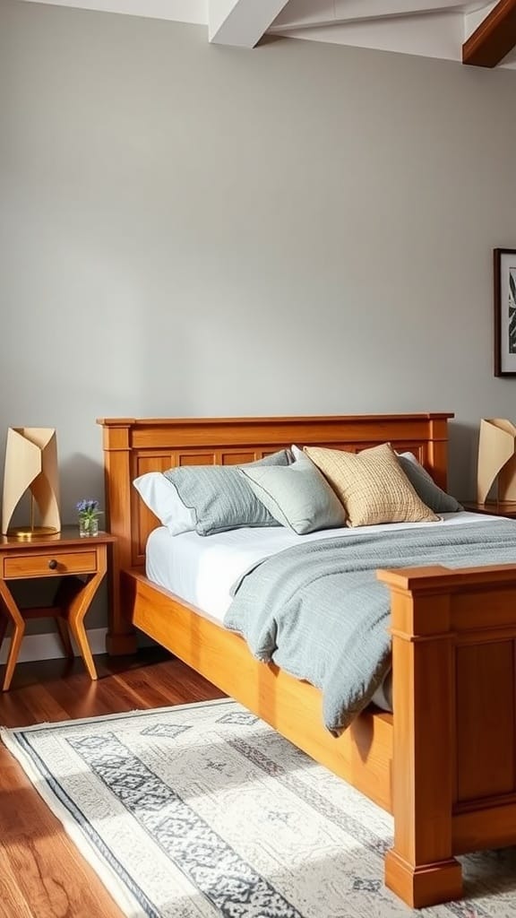 A modern vintage bedroom featuring a classic wooden bed frame, sleek metallic nightstands, and warm color tones.