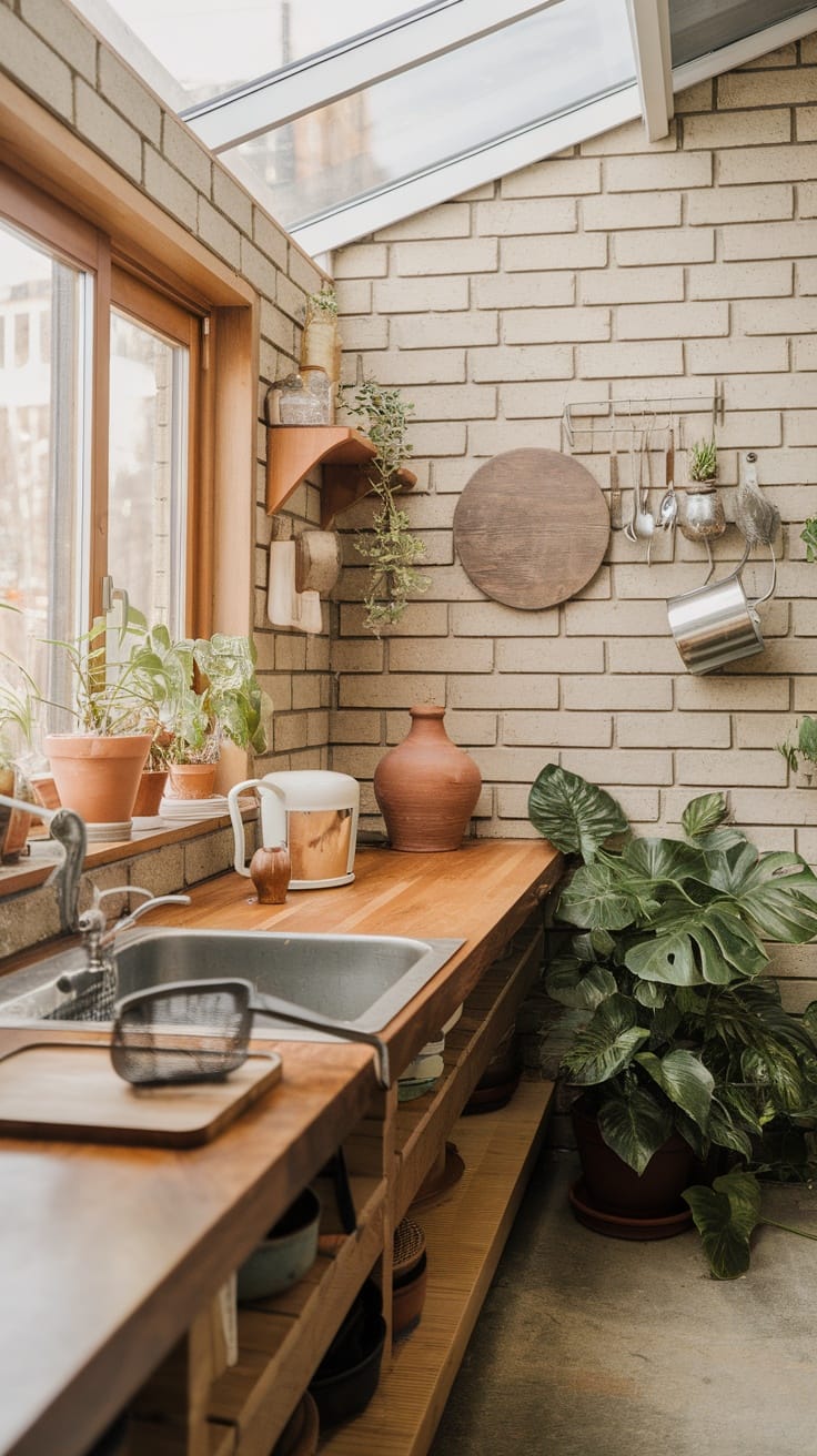 A cozy kitchen with wooden countertops, brick walls, and plants, showcasing eco-friendly decor.