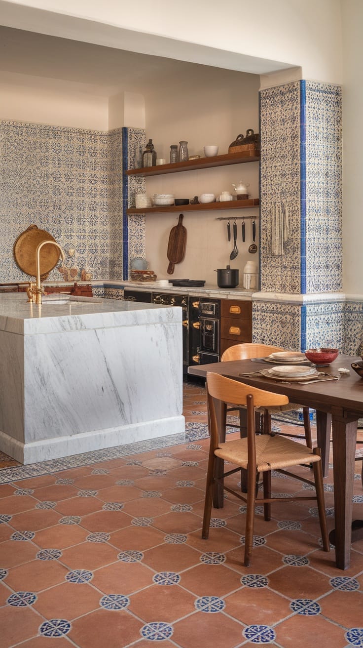 A Mediterranean style kitchen featuring patterned tiles, a marble island, and open shelving