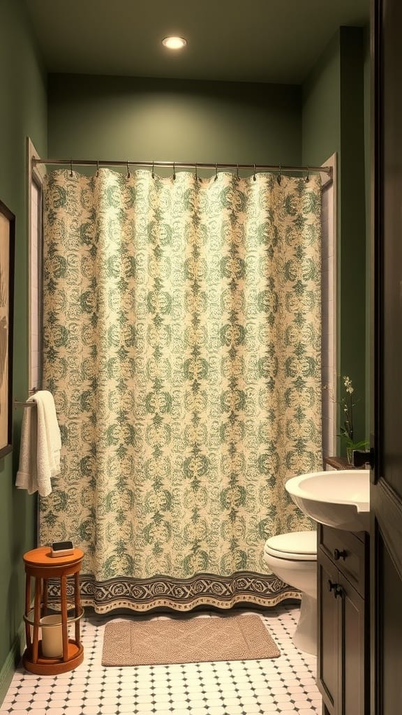 Elegant shower curtain in olive green bathroom with rich green walls and intricate pattern