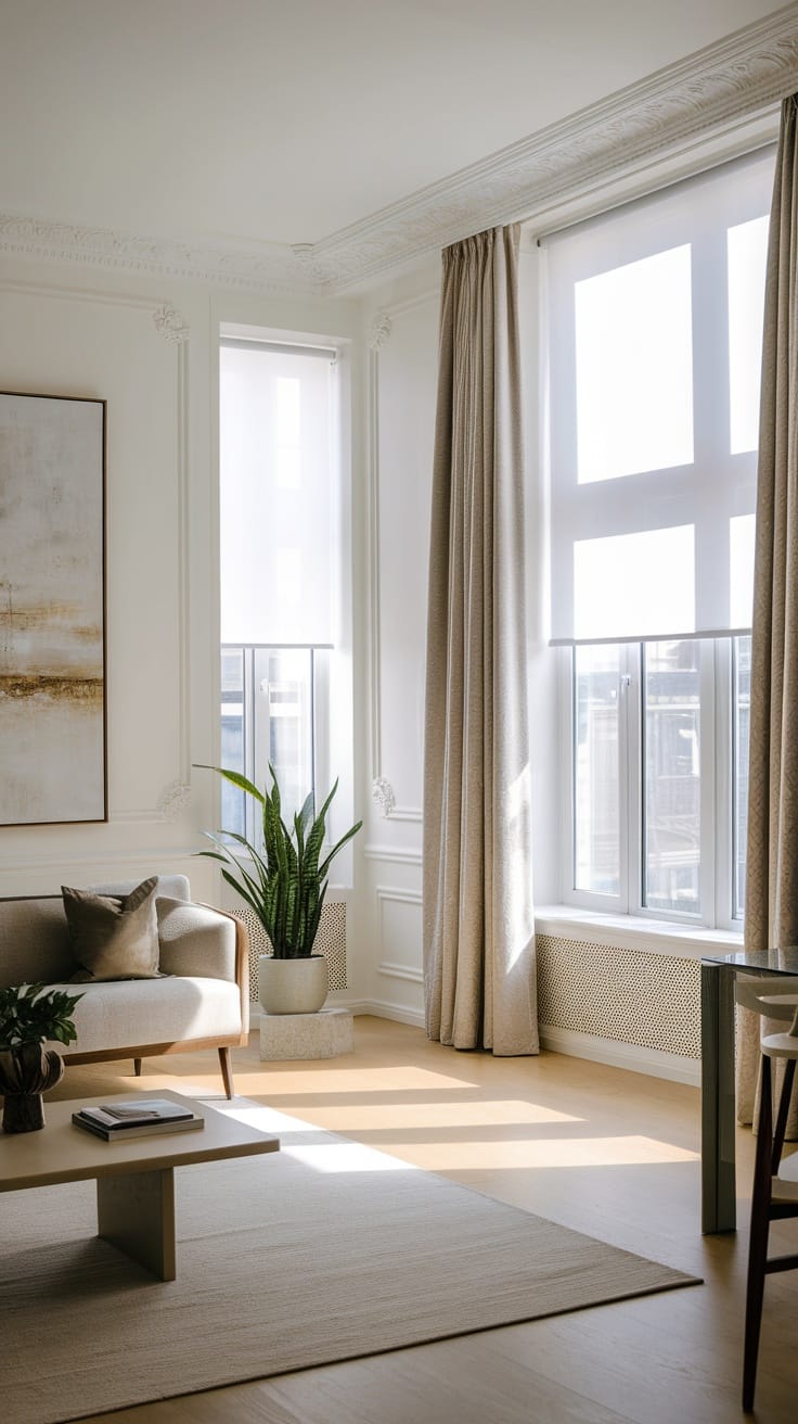 Modern living room featuring elegant window treatments with soft curtains and contemporary blinds.
