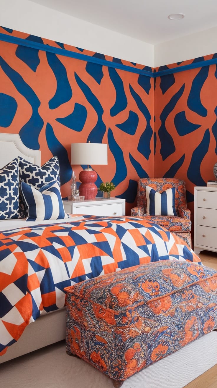 A stylish bedroom featuring bold patterned walls, a geometric bedspread, and elegant furniture.