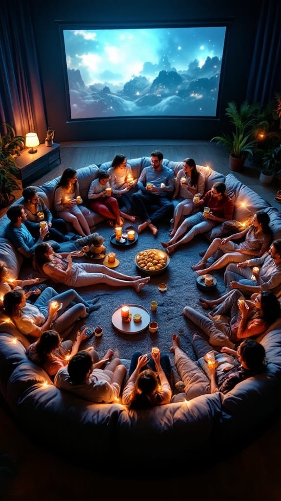 A group of people seated on a large circular orange sofa, enjoying snacks and each other's company under the evening sky.