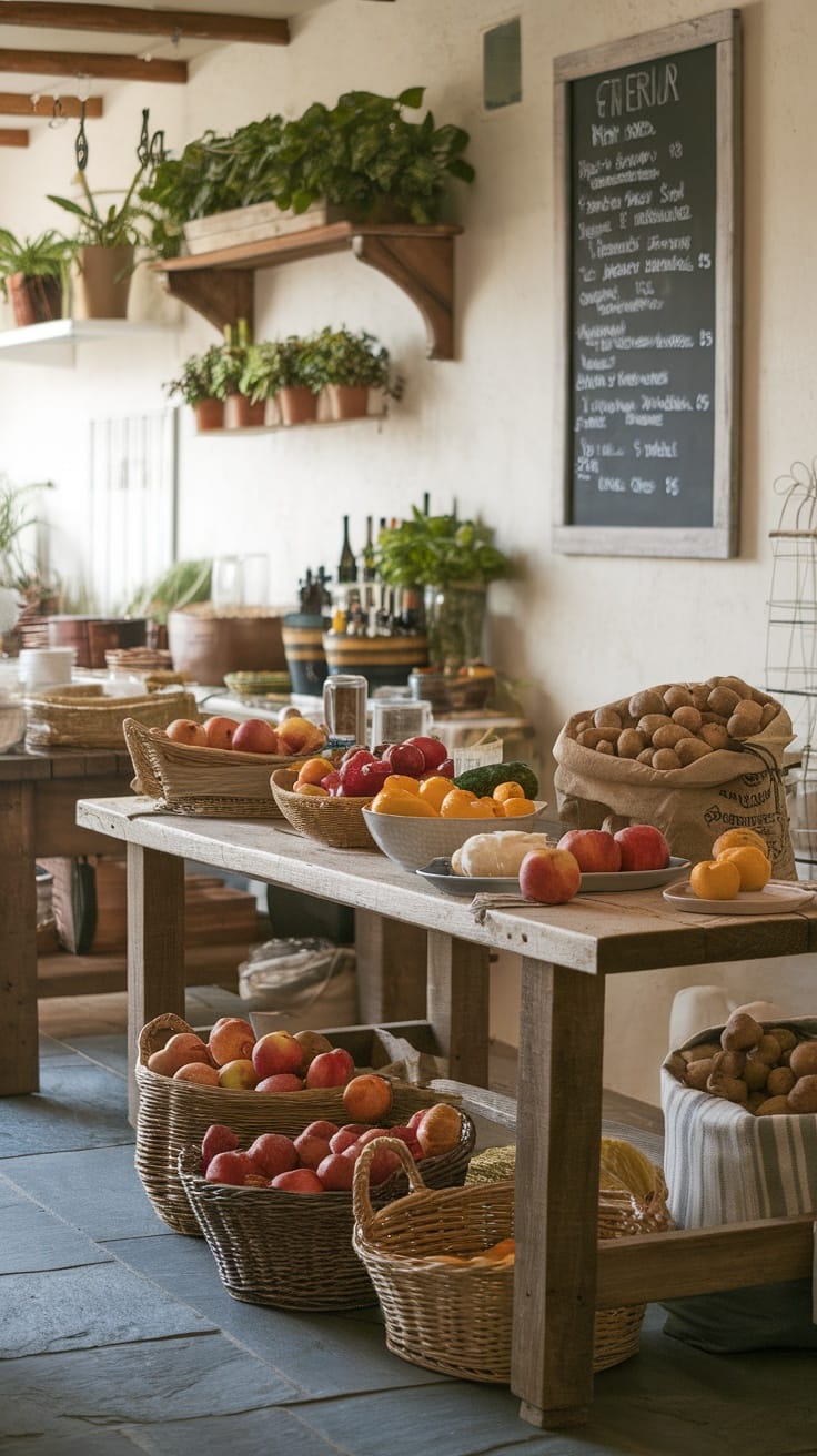 A cozy kitchen with wooden table and colorful fruits in baskets, showcasing farm-to-table inspired decor.