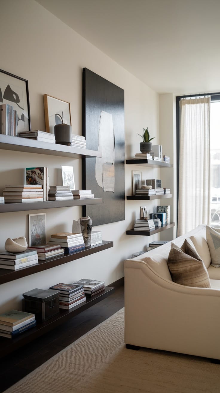 Modern living room with floating shelves displaying books and decor items