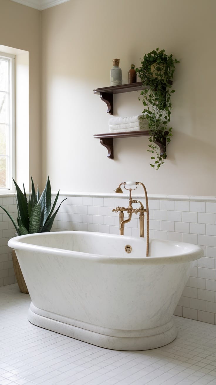 A modern freestanding bathtub with elegant fixtures, surrounded by plants and neutral decor.