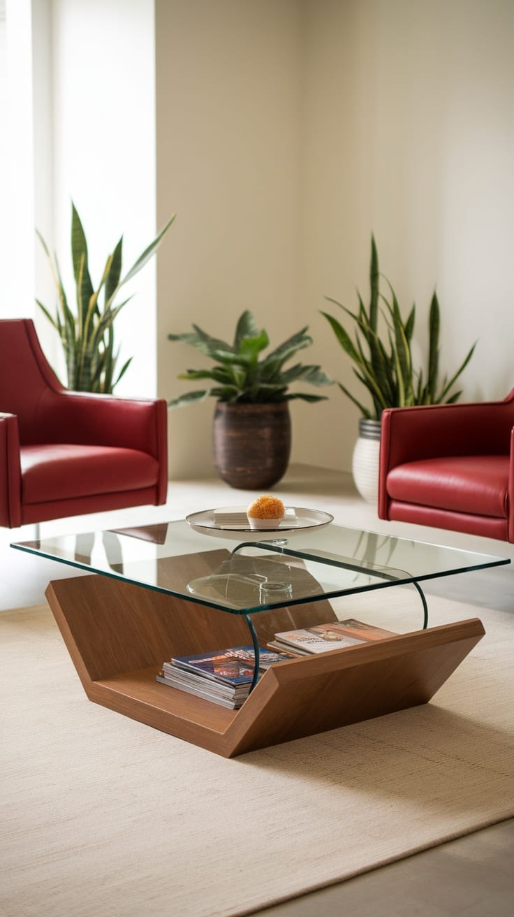 A modern coffee table with a glass top and wooden base, surrounded by red chairs and plants.