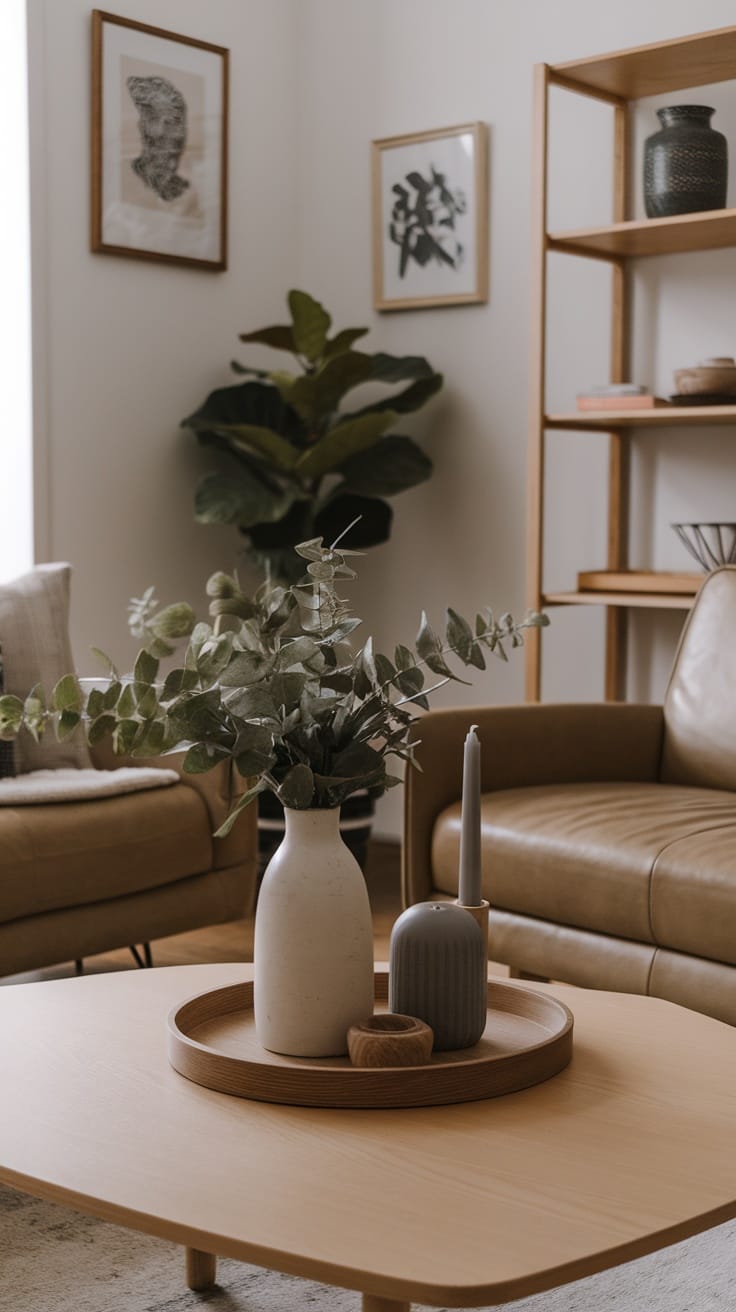 A Japandi style living room featuring a coffee table with a wooden tray, a vase with greenery, a candle holder, and a small wooden bowl.