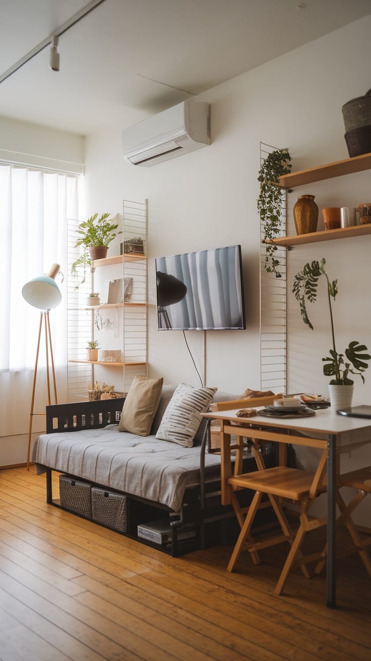 A small Japandi style living room featuring a daybed, TV, dining table, and plants.