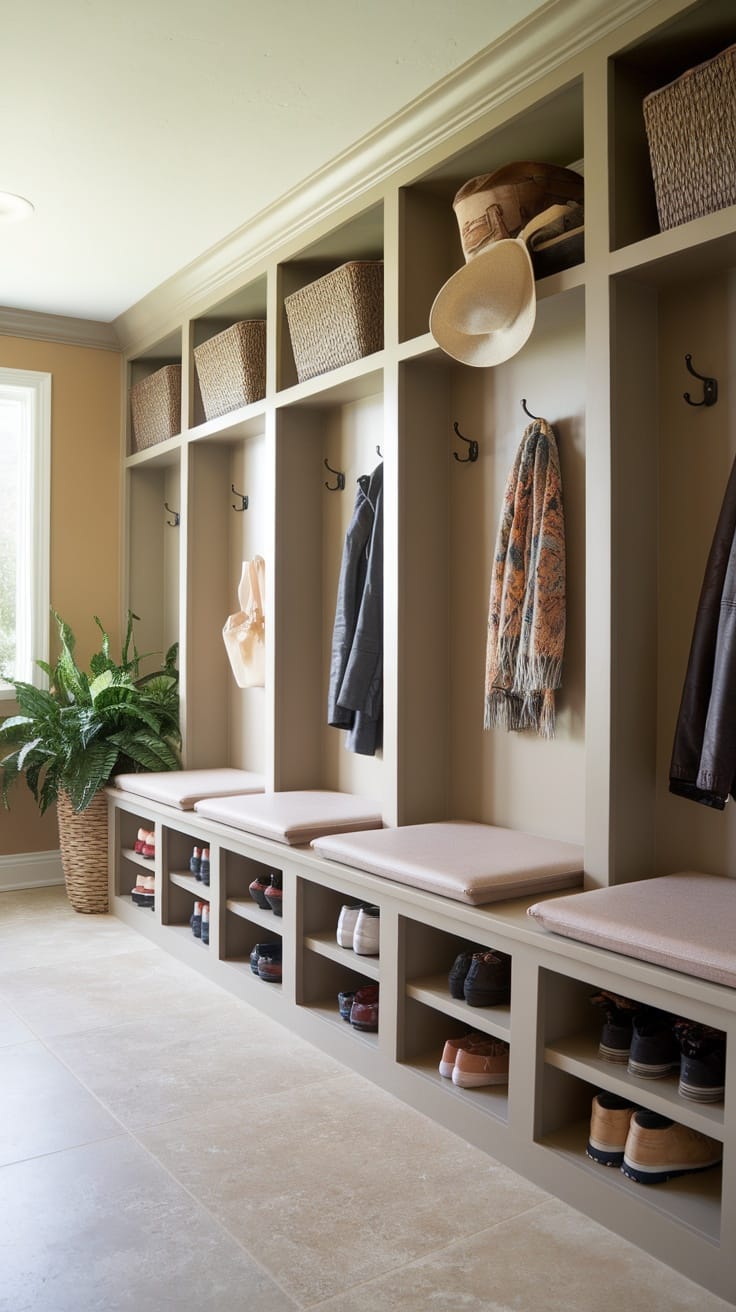 Stylish mudroom design with storage and seating