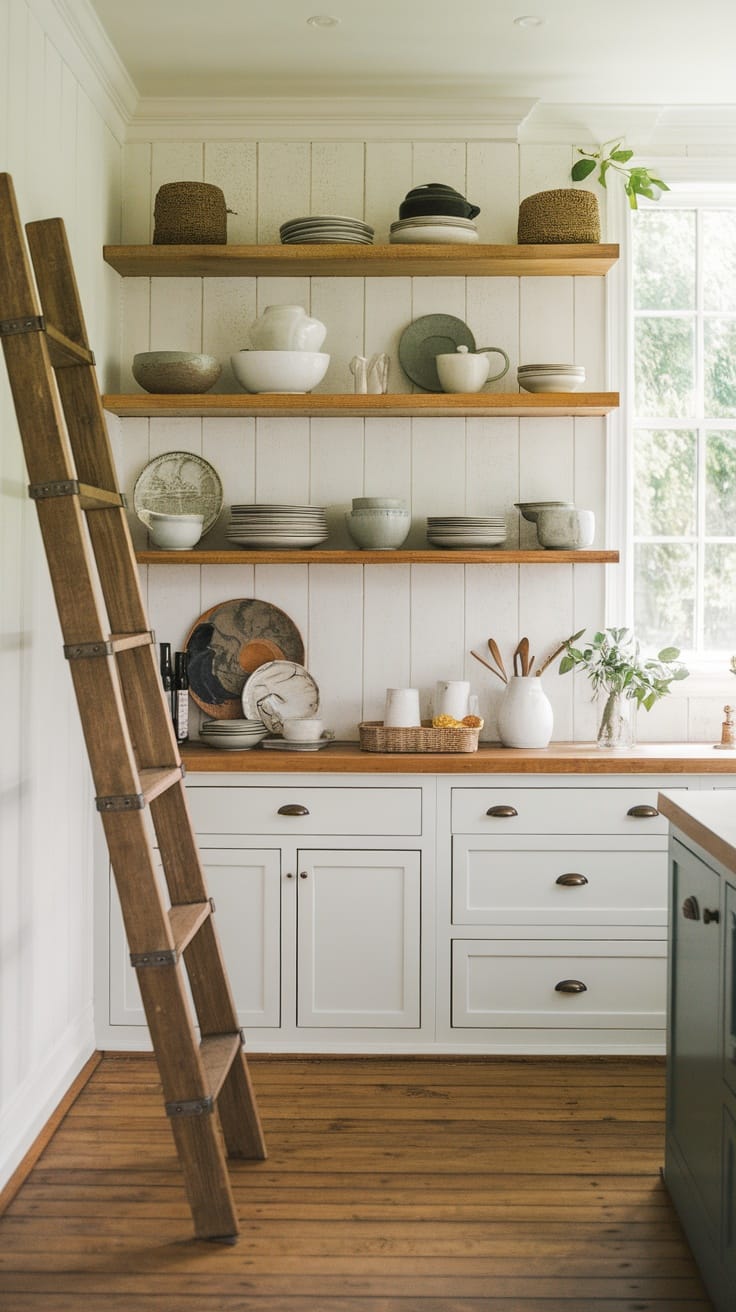 A cozy kitchen featuring open wooden shelves displaying dishware, with a wooden ladder leaning against the wall.