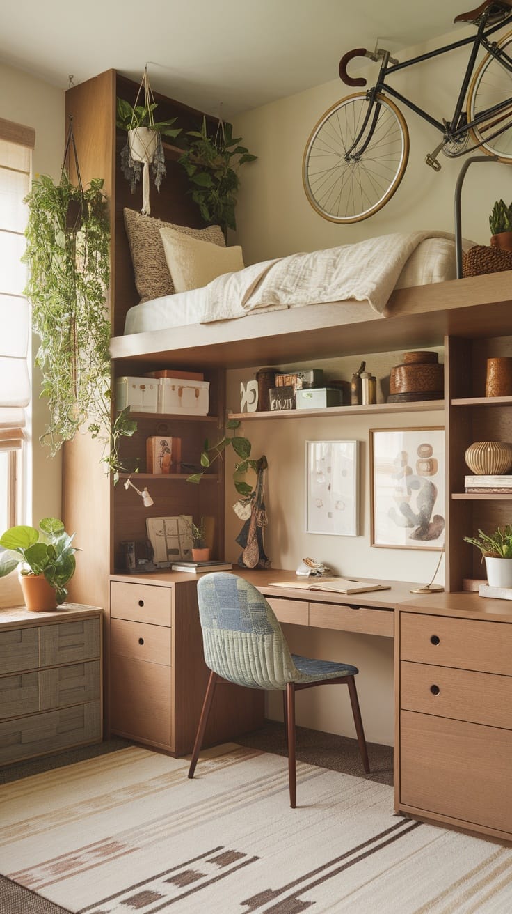 A stylish small bedroom featuring an elevated bed, a desk underneath, and decorative plants.