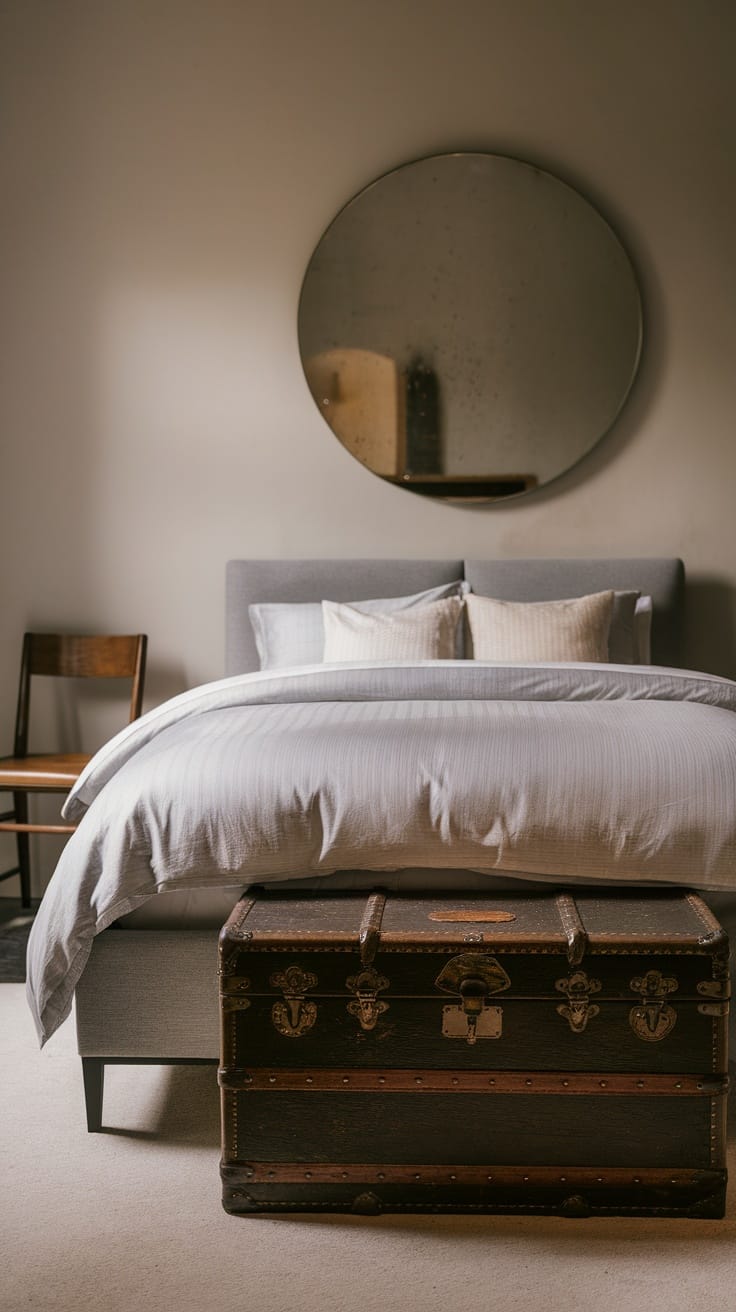 A vintage trunk at the foot of a bed in a modern bedroom setting