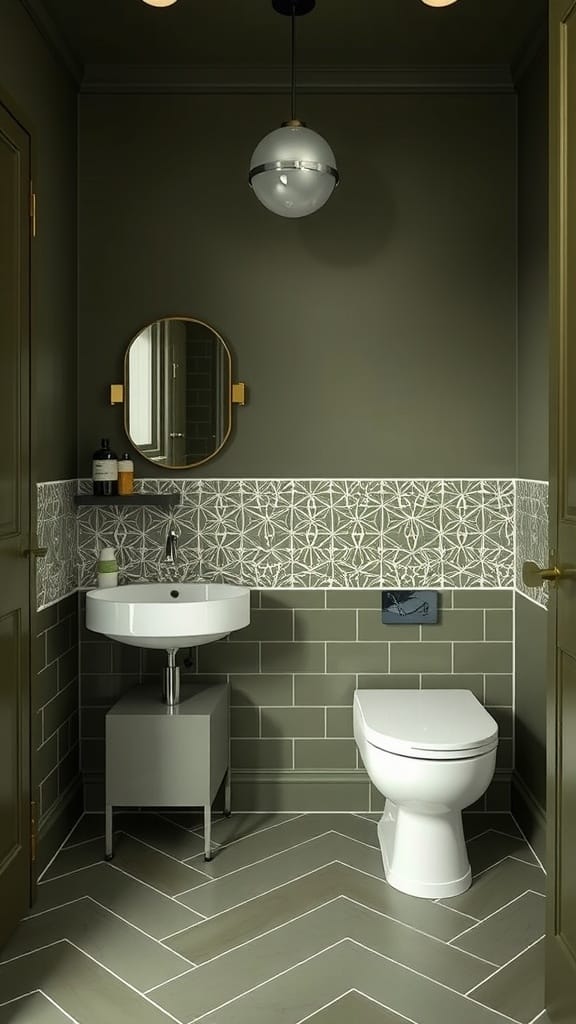 Modern olive green bathroom with geometric patterns on the walls and chevron flooring.