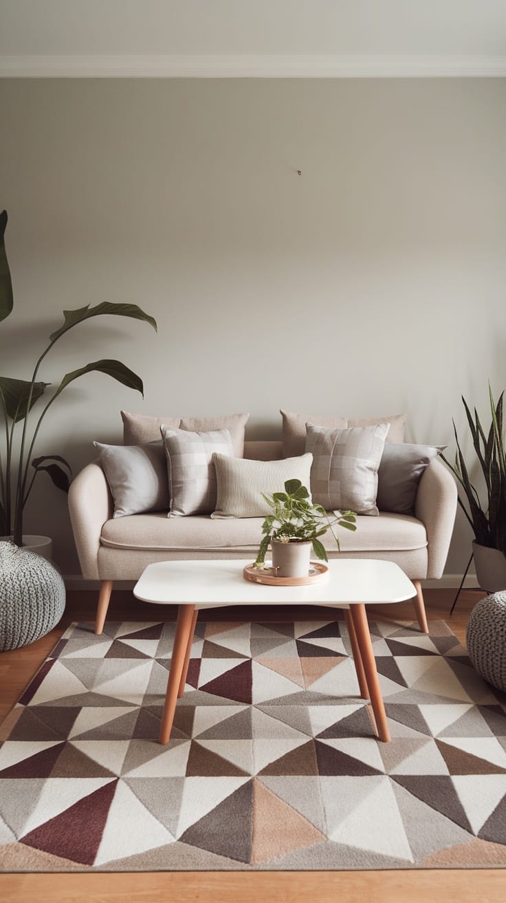 Modern living room with a geometric patterned rug, stylish sofa, and plants.