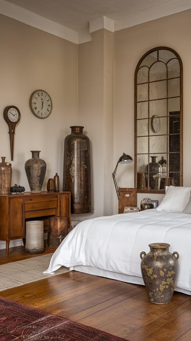 A Modern Vintage Bedroom featuring antique vases, a wooden dresser, and a large mirror against a beige wall.