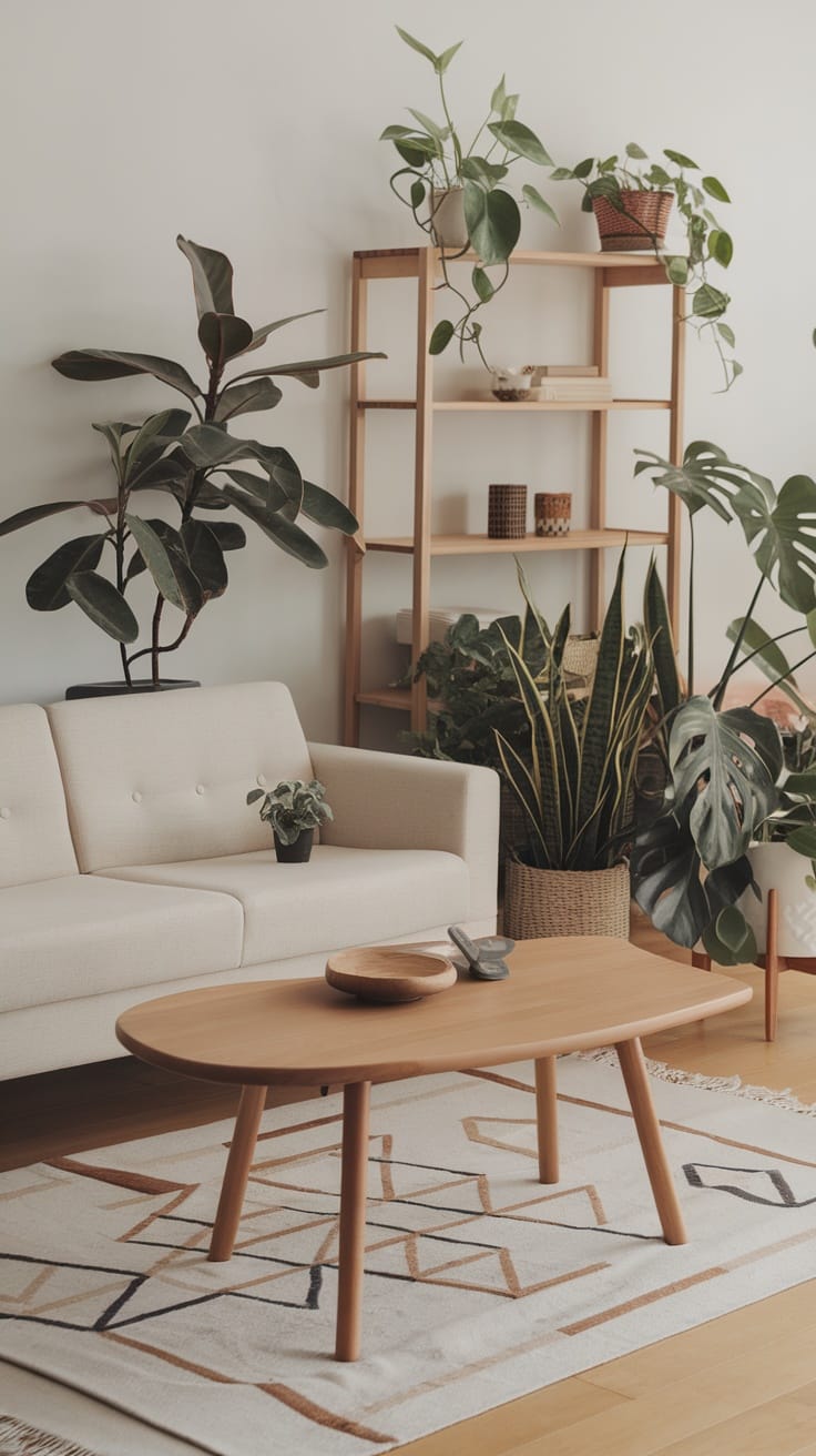 A cozy Japandi living room featuring a sofa, wooden coffee table, and several indoor plants arranged in a stylish manner.