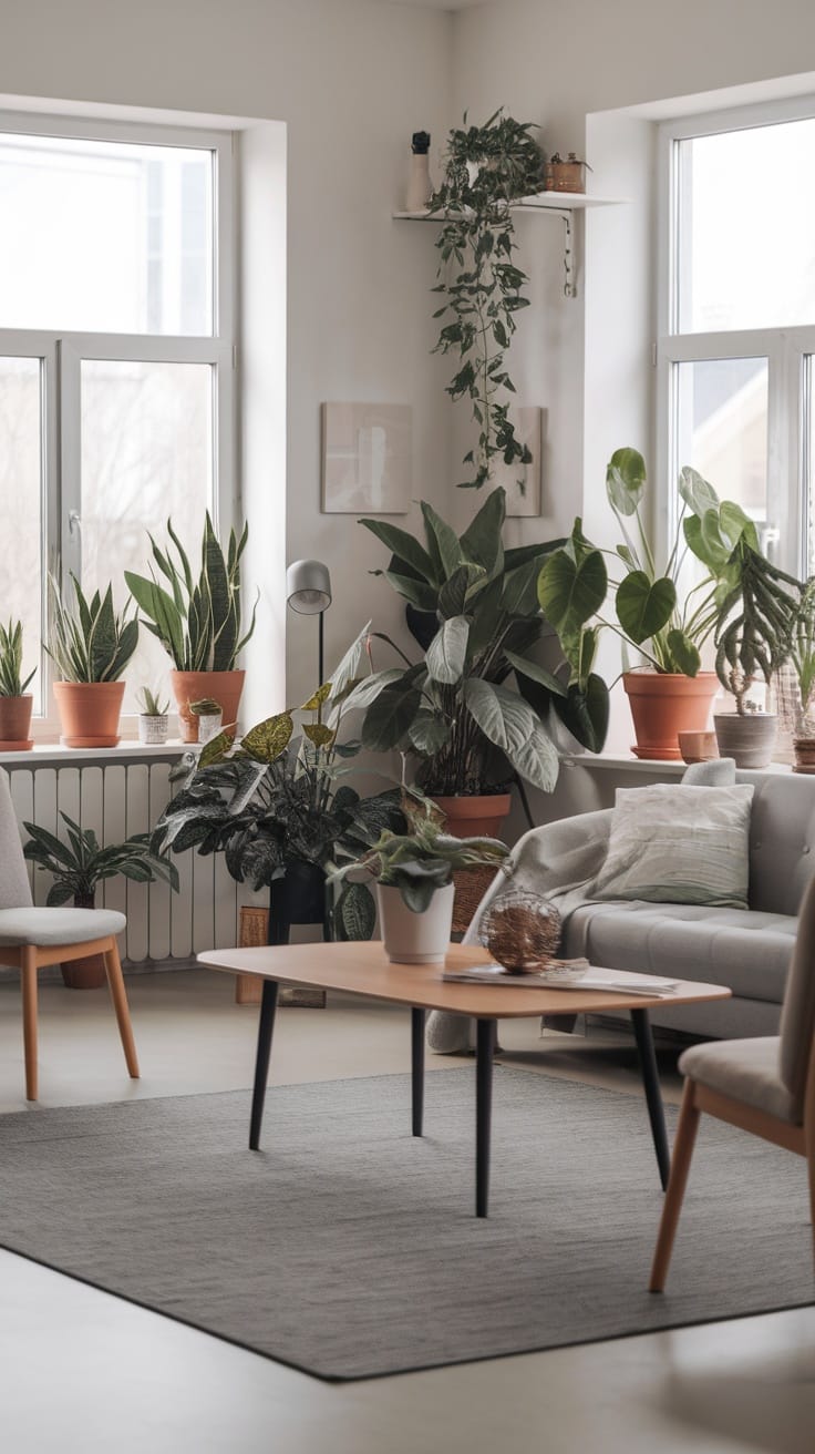 A modern living room with various indoor plants, showcasing a cozy and inviting atmosphere.