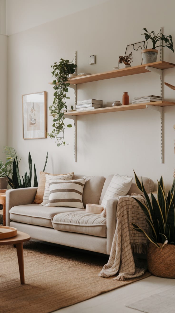 A cozy Japandi living room featuring a light-colored sofa with patterned cushions, wooden shelves with decorative items, and various indoor plants.