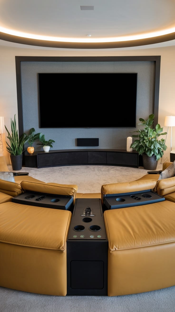 A cozy movie room featuring giant circular sofas, large TV, and plants.